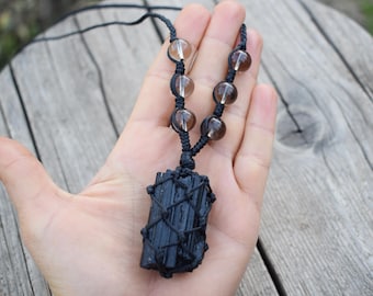 Big Raw Black Tourmaline Necklace Pendant with Smoky Quartz for Grounding Protection Stress Relief Emotional Balance Root Chakra Pendant