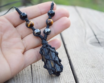 Raw Black Tourmaline Crystal Pendant, Hematite, Tiger's Eye, Onyx, Grounding And Triple Protection Necklace, Negative Energy EMF Empath Gift