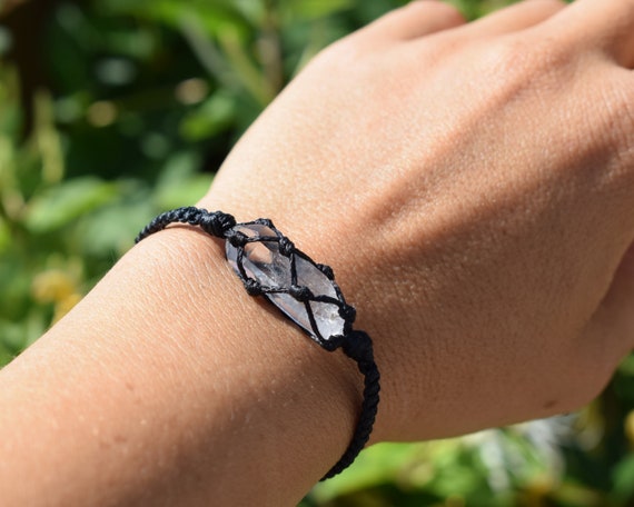 Clear Quartz Crystal Point Bracelet, Gemstone Bracelet, Bohemian Crystal Bracelet, Spiritual Protection Jewelry, Black Cord Crystal Bracelet