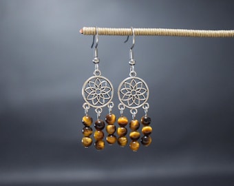 Tiger's Eye earrings, tiger's eye gemstone earrings, hypoallergenic hook wires, tiger's eye dangle earrings, crystal dainty earrings, purple