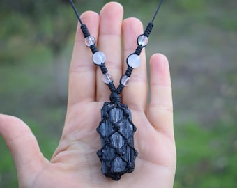 Raw Black Tourmaline Crystal Necklace with Selenite and Quartz for Protection and Cleansing