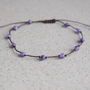 Amethyst crystal anklet bracelet, black cord bohemian summer beach festival accessories aesthetic, nautical sea ocean lover jewelry gift