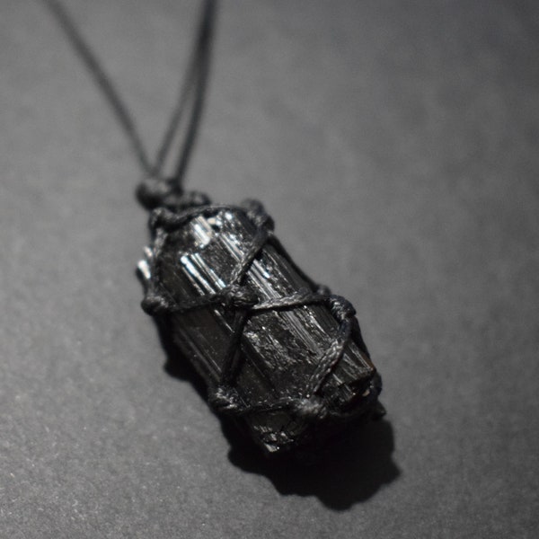 Raw black tourmaline pendant, black tourmaline necklace, natural black tourmaline crystal jewelry, black tourmaline string wrapped pendant