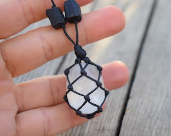 Selenite And Black Tourmaline Necklace, Powerful Protection Grounding And Cleansing Pendant, Raw Selenite Crystal Necklace, Charging Crystal