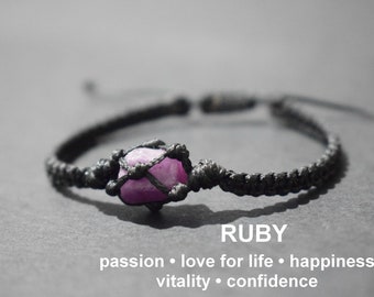 Ruby bracelet for men women, ruby jewelry, raw ruby crystal, heart chakra necklace, crystal lover gift, crystal cord bracelet, raw crystal