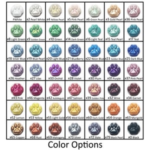 Peut inclure: Un tableau pr&eacute;sentant 40 couleurs diff&eacute;rentes de breloques en forme de patte. Les couleurs incluent le blanc, le rose, le vert, le bleu, le violet, le rouge, l'orange, le jaune, l'or, l'argent, le noir et le marron. Le tableau est &eacute;tiquet&eacute; avec des num&eacute;ros et des noms de couleurs.