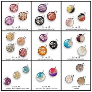 May include: A collection of nine styles of circular metal pendants featuring various combinations of colored foil, glitter, and ash. Each pendant includes a small jump ring for attachment. The styles are labeled Style #1 through Style #9.