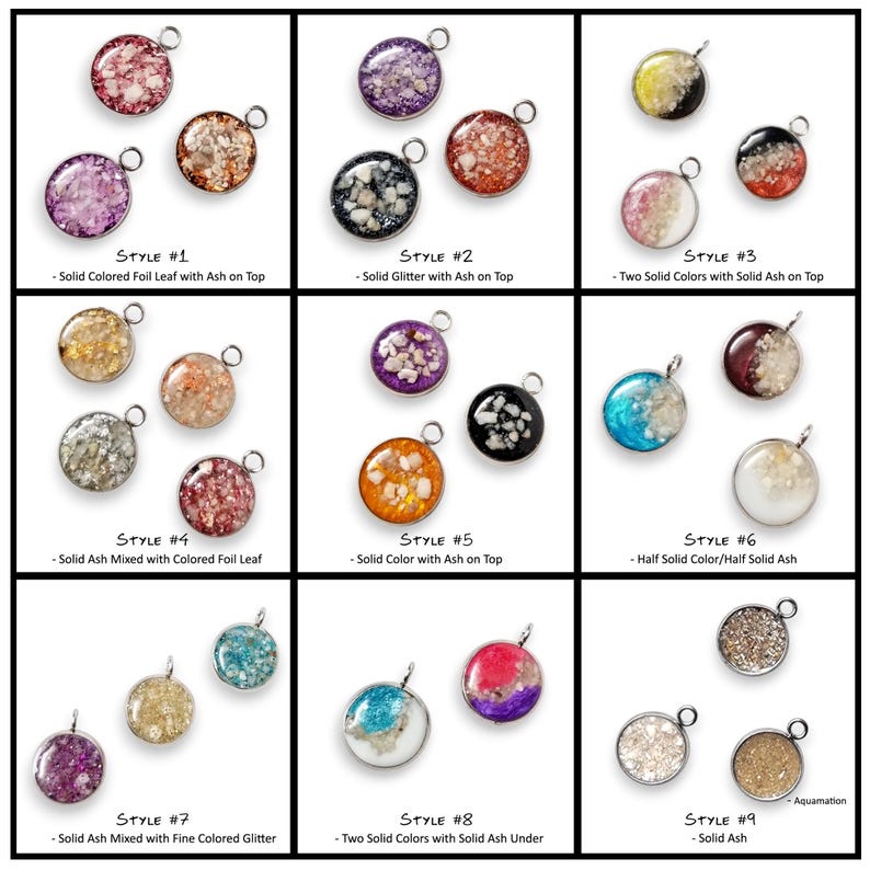 May include: A collection of nine styles of circular metal pendants featuring various combinations of colored foil, glitter, and ash. Each pendant includes a small jump ring for attachment. The styles are labeled Style #1 through Style #9.