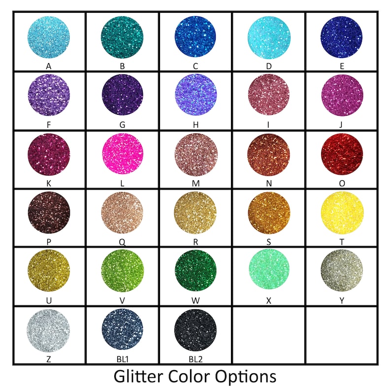 Peut inclure: Un tableau de 26 couleurs de paillettes diff&eacute;rentes, &eacute;tiquet&eacute;es de A &agrave; Z et BL1 et BL2. Les couleurs comprennent le bleu, le bleu sarcelle, le violet, le rose, le rouge, le marron, l'or, le vert, l'argent et le noir.