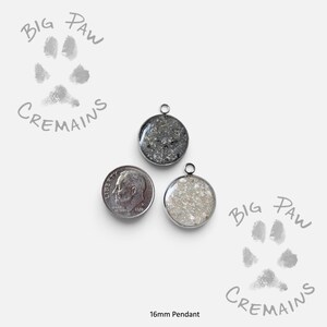May include: Two circular silver-toned pendants with textured, granular grey and beige fillings, each featuring a small top loop. A US dime is placed next to them for scale, with the text Big Paw Cremains and 16mm Pendant visible.