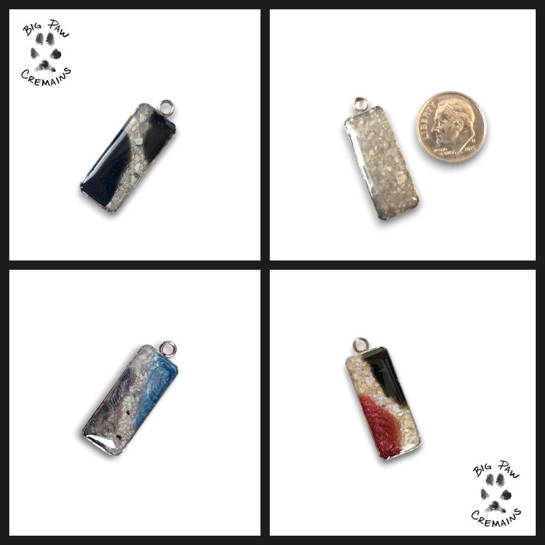 Peut inclure: Quatre pendentifs de cr&eacute;mation rectangulaires contenant des cendres de diff&eacute;rentes couleurs. Les pendentifs sont en argent et ont un dessus en verre transparent. Les cendres sont visibles &agrave; travers le verre. Les pendentifs sont tous de la m&ecirc;me taille et de la m&ecirc;me forme. Les pendentifs sont tous sur un fond blanc. Le texte "Big Paw Cremains" est visible dans le coin inf&eacute;rieur droit de l'image.
