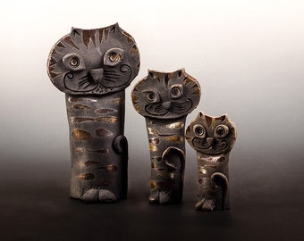 Ceramic cats, handmade sculptures, unique, Raku technique