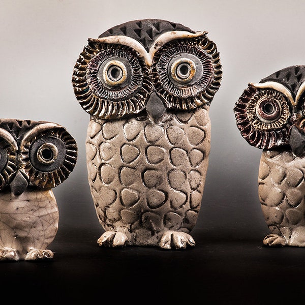 Ceramic owls, handmade sculptures, unique, Raku technique