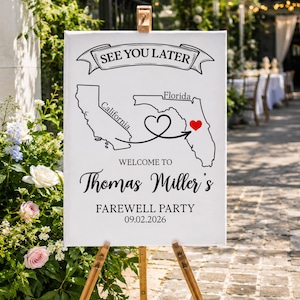 May include: A white rectangular sign on a wooden easel featuring the text SEE YOU LATER, a black outline map of California and Florida connected by a heart-shaped line, a red heart, and the text WELCOME TO Thomas Miller's FAREWELL PARTY 09.02.2026.