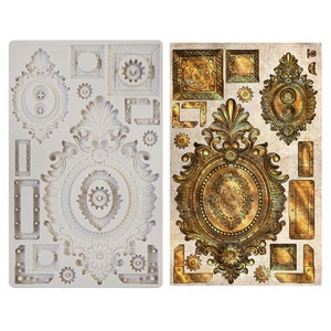 May include: A silicone mold with a design of ornate frames and gears. The mold is white and the design is in a gold color. The mold is next to a picture of the design in gold.