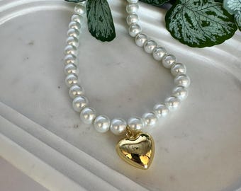 Elegant Chunky Pearl Necklace with Gold Heart Charm