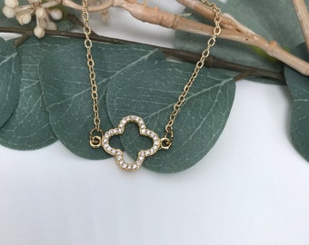 Collier trèfle en or : pendentif trèfle en zircone cubique, chaîne de 40 cm (40 cm)