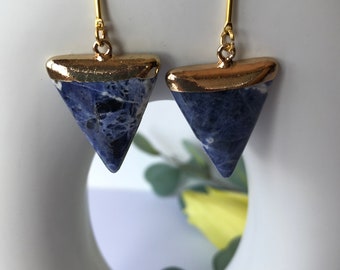 Gold Sodalite Bar Earrings: Blue Stone Drop Earrings