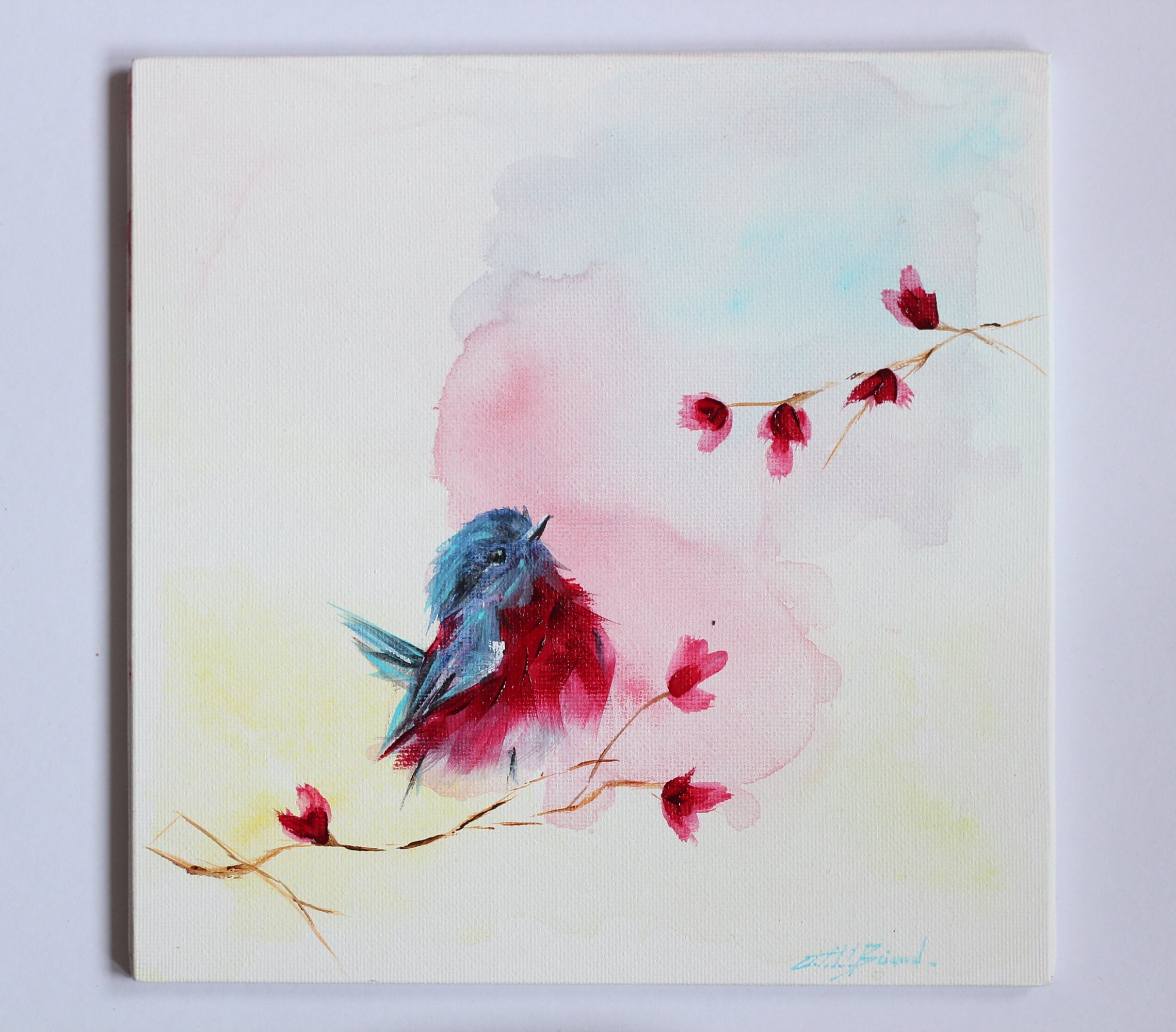Petite Peinture d'oiseau sur Carton Entoilé en Acrylique Fine Vernis