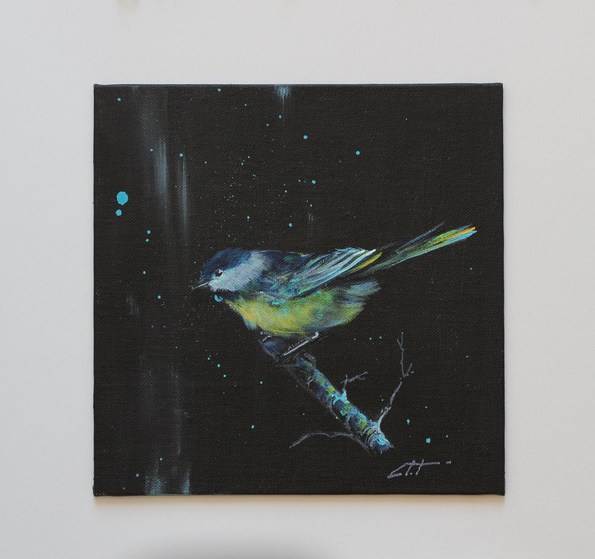 Petite Peinture de Mésange Contemporain sur Carton Entoilé