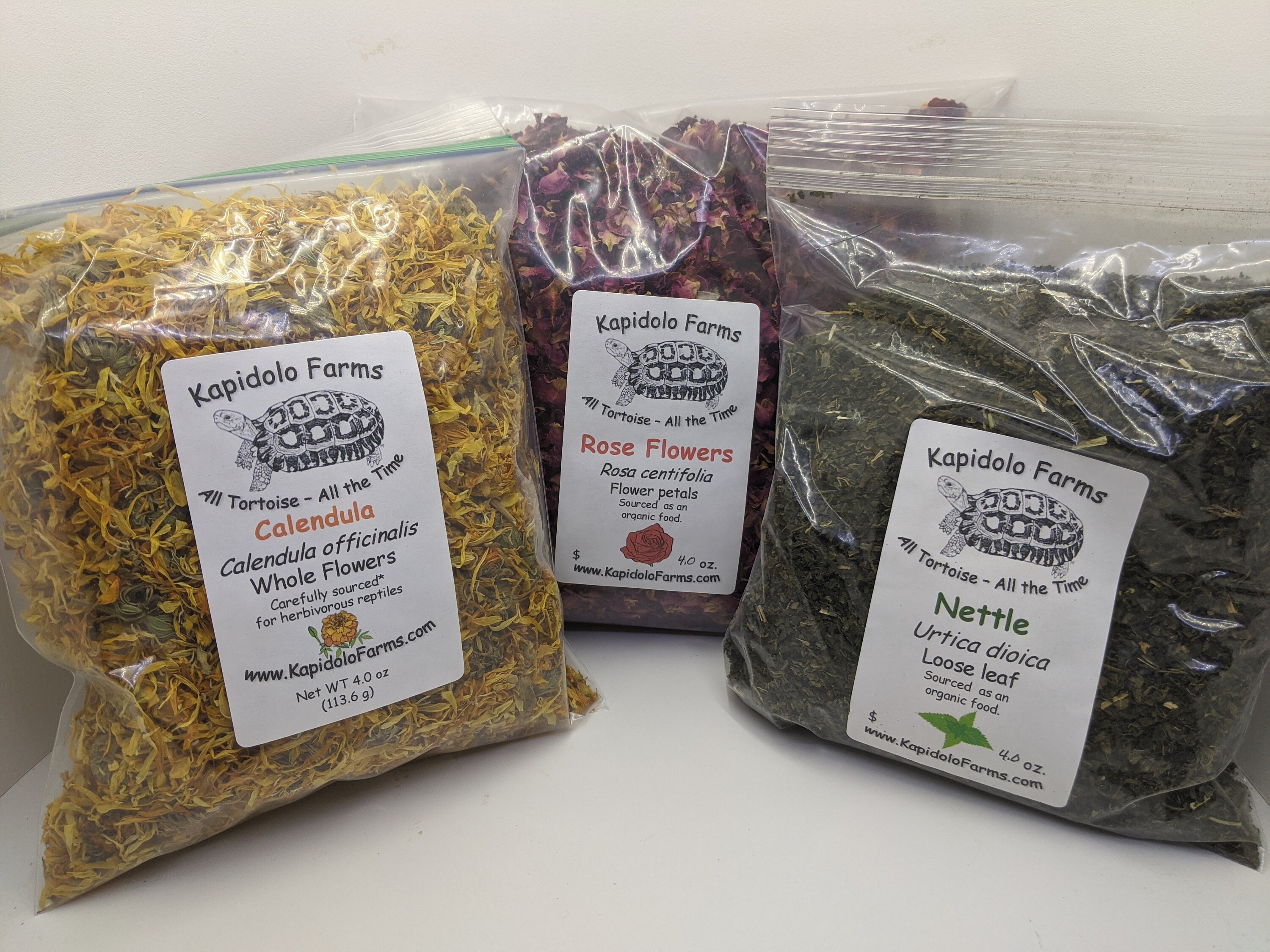 Three colorful organic sourced diet items for Tortoises and plant eating lizards.