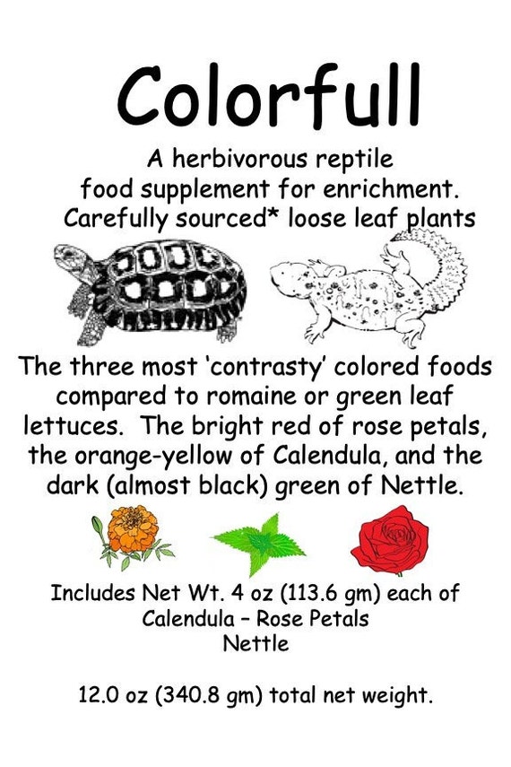 Three colorful organic sourced diet items for Tortoises and plant eating lizards.
