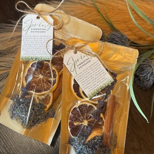 May include: Two clear pouches of simmering potpourri, each containing dried orange slices, cinnamon sticks, and herbs. The pouches are sealed with twine and a tag that reads "Spring Simmering Potpourri."