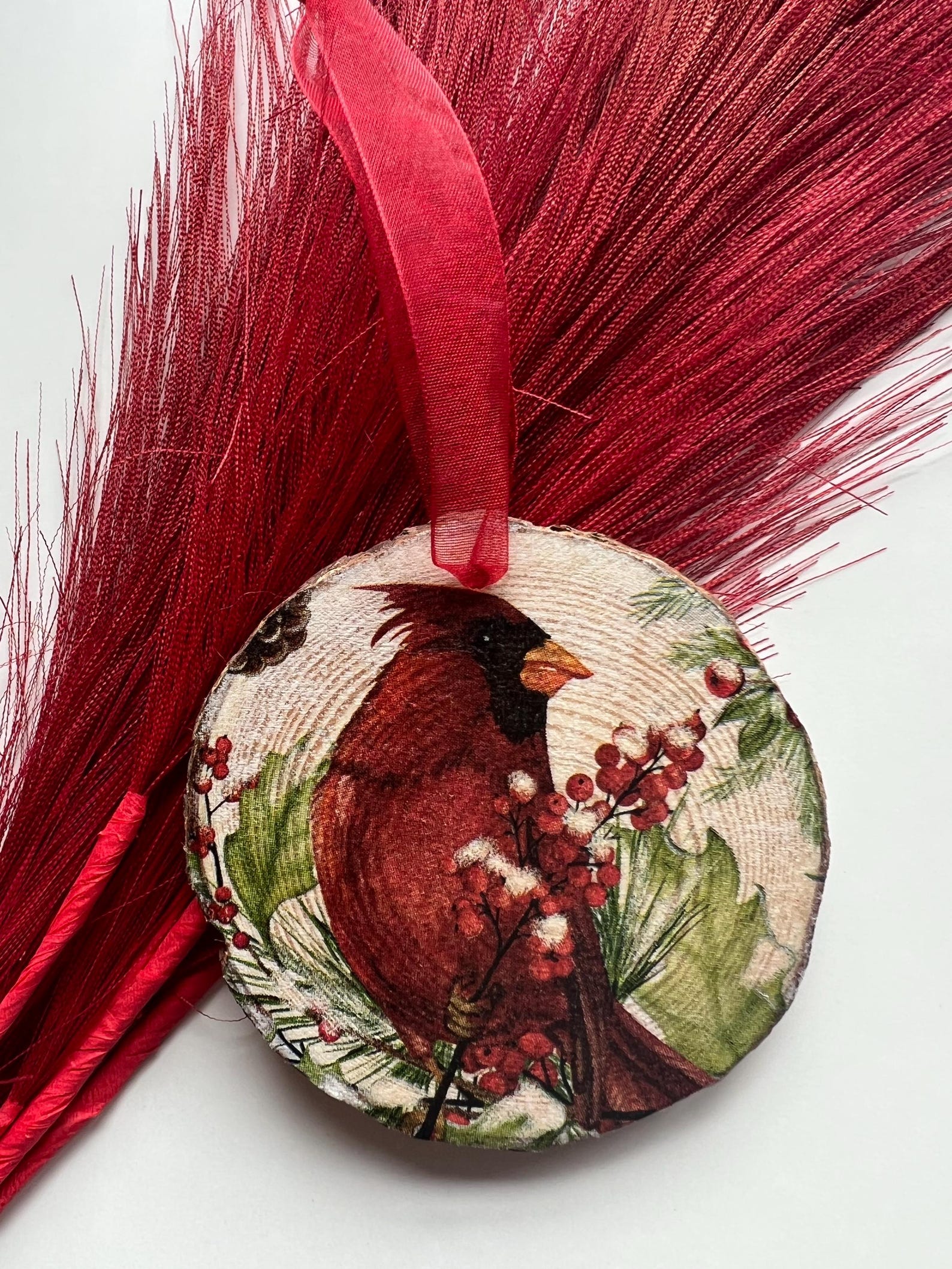 Red Cardinal Wood Slice Ornament, Decoupaged Handmade Ornament, Bird ...