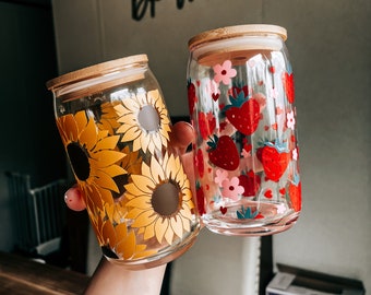 Sunflower Iced Coffee Cup, Beer Can Glass, With Lid and Straw, Personalizable, Gifts