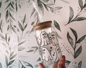 Spooky Ghost Glass Can Cup with Straw and Lid, 16oz Halloween Tumbler