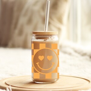 Retro Smiley Cup | Iced Coffee Cup | Can Glass | With Lid and Straw Included | Personalizable | Gifts |