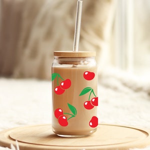 Iced Coffee Glass, Cherries, Beer Can Glass With Lid and Straw Included Personalizable Gifts
