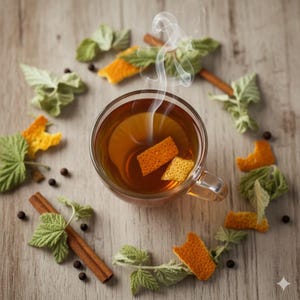 May include: A clear glass teacup filled with steaming tea, garnished with orange peel. Cinnamon sticks, green leaves, and peppercorns surround the cup on a light wood surface. The tea emits a wisp of steam.
