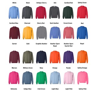 May include: A chart of 25 different colored sweatshirts. The sweatshirts are arranged in five rows of five. Each sweatshirt is labeled with its color name.