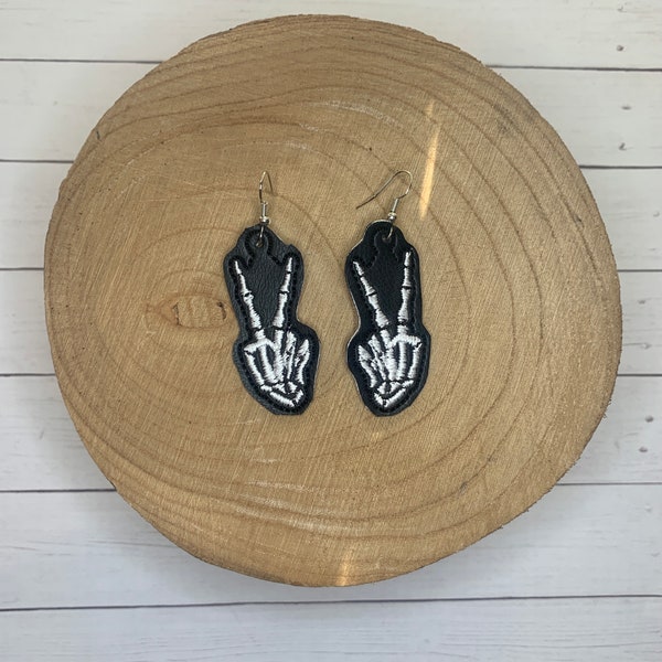 Skeleton Peace Sign Earrings | vinyl embroidered earrings | Dangle Halloween earrings | Handmade Embroidered Earrings