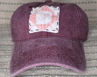 Quilt block ball cap mini bow girly hat hand sewn cotton quilted hat
