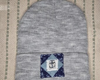 Quilt block beanie one size fits all space robot quilt block