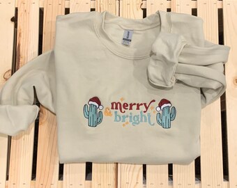 Cowboy christmas sweater Embroidered crew neck Cactus Sweatshirt Cactus Christmas Sweater Ugly sweater contest