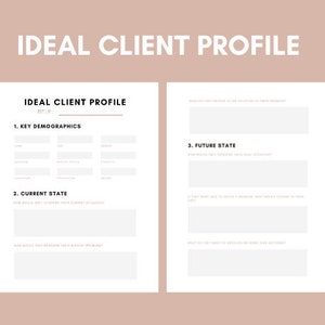 Puede incluir: Una hoja de trabajo imprimible titulada "Perfil del cliente ideal" con secciones para datos demográficos clave, estado actual y estado futuro. La hoja de trabajo está diseñada para ayudar a las empresas a comprender a su cliente ideal.