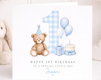 Personalised 1st Birthday Card Boy, Teddy Bear Birthday Card, Baby First Birthday Card, Custom Name Card, 1st Birthday Keepsake