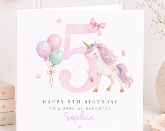 Personalised 5th Birthday Card for Girl, Unicorn Birthday Card, Daughter Niece Granddaughter Card