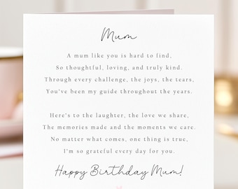 Mum Birthday Card, Personalised Birthday Card for Mum, Mother Birthday Card, Meaningful  Poem Card For Mom