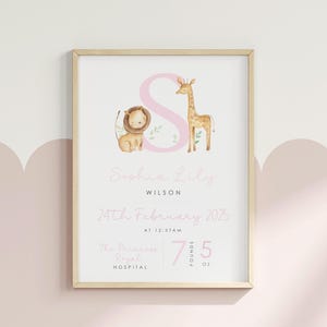 Personalised Safari Animals Baby Print, Nursery Poster, Birth and Weight Details, New Baby Gift, Birth Announcement, Pink Baby Keepsake