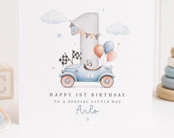 Personalised 1st Birthday Card Boy, Vintage Race Car Birthday Card, Baby First Birthday Card, Custom Name Card, 1st Birthday Keepsake