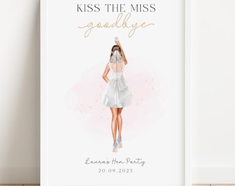 Personalised Hen Party Guest Book Alternative, Kiss the Miss Goodbye Print, Hen Night Keepsake, Bride to Be Gift, Miss to Mrs Memory
