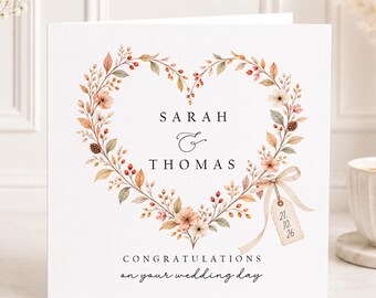 Personalised Wedding Card for Couple, Mr and Mrs Card, Autumnal Wedding Card, Custom Names Wedding Card, Neutral Elegant Wedding Card