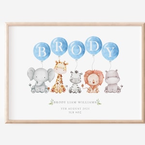 Personalisierte Safari Tiere Baby Druck, Kinderzimmer Poster, Geburt und Gewicht Details, neues Baby Geschenk, Geburtsanzeige, Baby Andenken