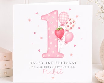 Personalised Birthday Card for Girl, First Birthday Card, 1st Birthday Keepsake, Strawberry Birthday