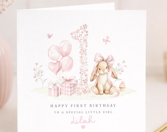Personalised 1st Birthday Card Girl, Floral First Birthday Card, Baby Girl 1st Birthday, Bunny Birthday Card, Custom Name Card