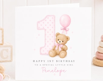 Personalised 1st Birthday Card Girl, Teddy Bear Birthday Card, Baby First Birthday Card, Custom Name Card, 1st Birthday Keepsake